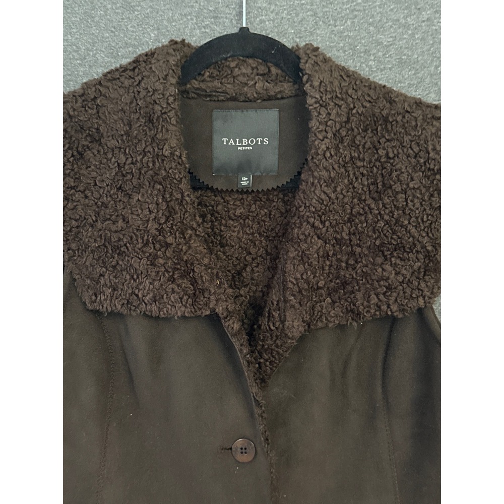 Talbots Petites Brown Faux Suede Sherpa Lined Vest Size 12P Button Front Pocket - Picture 3 of 9